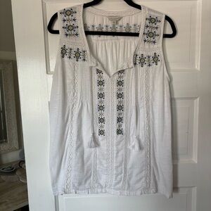 Lucky Brand Blue and White Embellished Blouse with Tassels